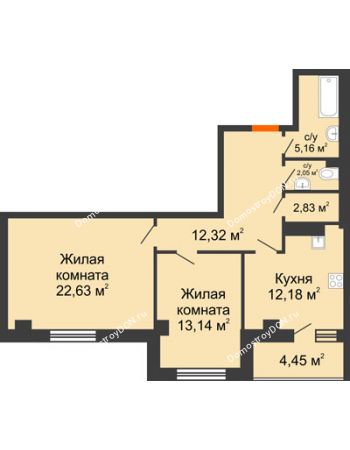 2 комнатная квартира 74,76 м² - ЖК Площадь Ленина