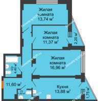 3 комнатная квартира 74,6 м² в ЖК Рубин, дом Литер 3 - планировка