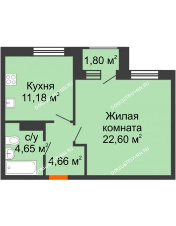 1 комнатная квартира 43,99 м² - ЖК Дом на Чаадаева