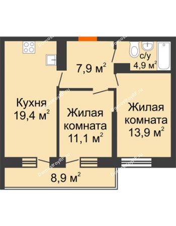 2 комнатная квартира 59,9 м² в ЖК Отражение, дом Литер 2.1