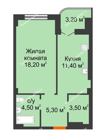 1 комнатная квартира 46,1 м² в ЖК Парк Островского 2, дом № 1