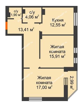 2 комнатная квартира 67,82 м² в ЖК Континент, дом № 16