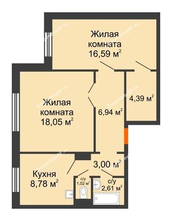 2 комнатная квартира 61,38 м² в ЖК Иннoкeнтьeвcкий, дом № 6