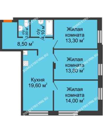 3 комнатная квартира 75,3 м² в ЖК Заречье, дом № 6