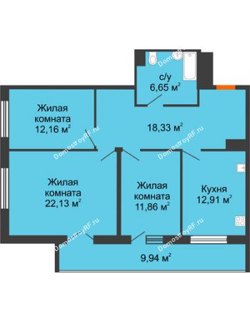 3 комнатная квартира 88,4 м² в ЖК Королев, дом № 1 (1, 2 подъезд)
