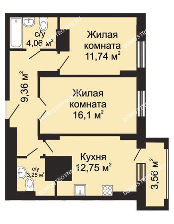 2 комнатная квартира 59,04 м² - ЖК Гелиос
