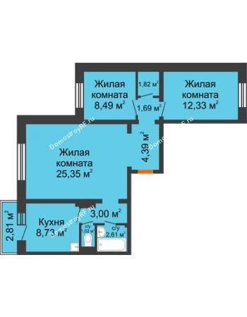 3 комнатная квартира 70,27 м² в Микрорайон Нанжуль-Солнечный, дом № 5