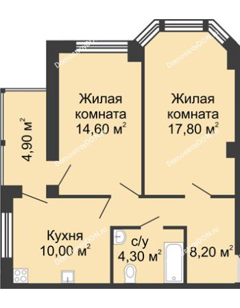 2 комнатная квартира 59,8 м² в ЖК Мега, дом № 118, секция 2