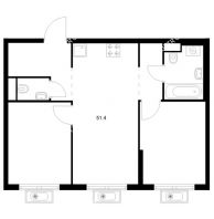 2 комнатная квартира 51,4 м² в ЖК Савин парк, дом корпус 7 - планировка