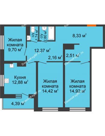 3 комнатная квартира 87,2 м² в ЖК Рассвет, дом № 6