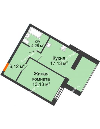 1 комнатная квартира 40,64 м² в ЖК Бунина парк, дом 3 этап, блок-секция 3 С
