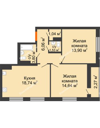 3 комнатная квартира 60,53 м² в ЖК intellect-Квартал (Интеллект-Квартал), дом 2 секция