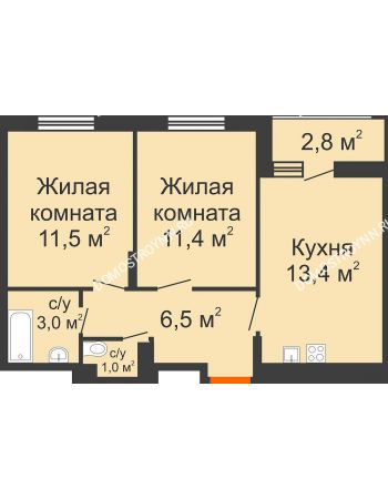 2 комнатная квартира 48,2 м² в ЖК Новая Кузнечиха, дом № 31