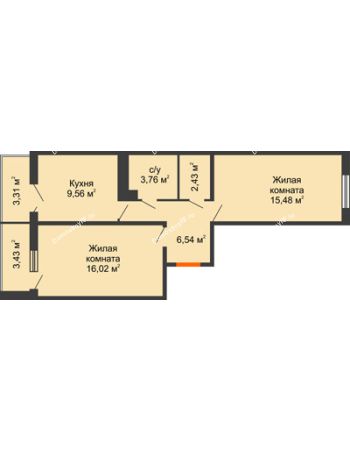 2 комнатная квартира 57,15 м² в ЖК Семейный парк, дом Литер 2