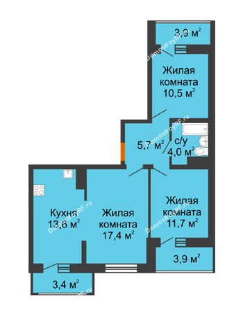 3 комнатная квартира 62,9 м² в ЖК Грани, дом Литер 4