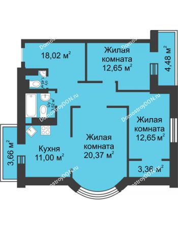 3 комнатная квартира 91,16 м² - ЖК Петровская Крепость