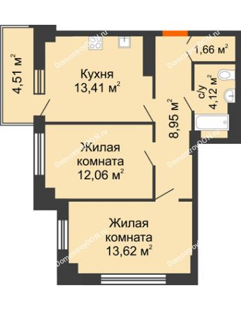 2 комнатная квартира 55,21 м² в ЖК Аврора, дом № 2