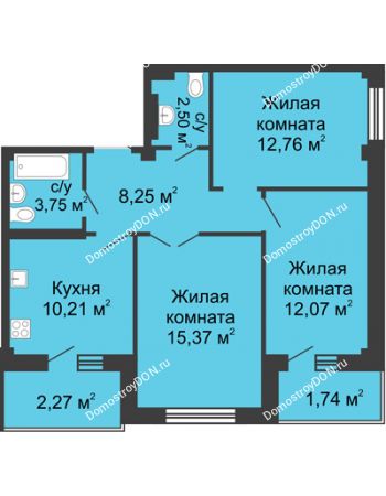 3 комнатная квартира 70,7 м² в ЖК Соловьиная роща, дом № 1