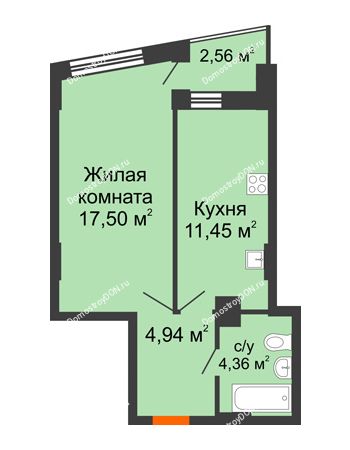 1 комнатная квартира 39,53 м² в ЖК Рубин, дом Литер 1