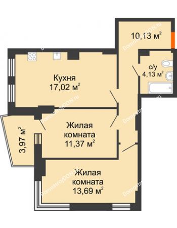 2 комнатная квартира 58,3 м² в ЖК Сердце Ростова 2, дом Литер 8