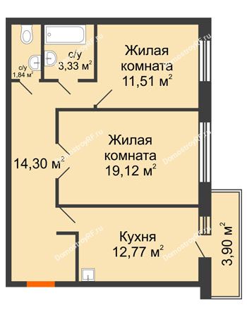 2 комнатная квартира 64,04 м² в ЖК Бограда, дом № 2