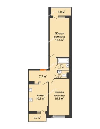 2 комнатная квартира 55,7 м² в ЖК Акварели-2, дом Литер 4
