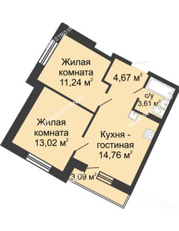 2 комнатная квартира 48,08 м² в ЖК Ватсон, дом № 5