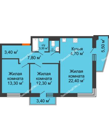3 комнатная квартира 72,5 м² в ЖК Династия, дом Литер 2