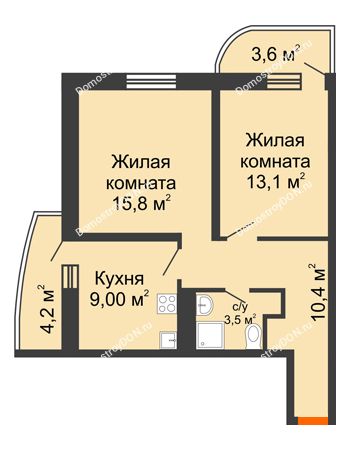 2 комнатная квартира 55,3 м² в ЖК Звезда Столицы, дом Литер 9