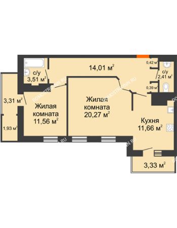 2 комнатная квартира 72,8 м² в ЖК Покровский, дом № 1