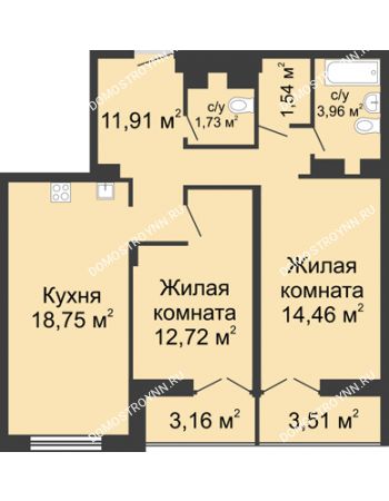 2 комнатная квартира 68,41 м² в ЖК Клевер, дом № 1