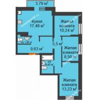 3 комнатная квартира 74,81 м² в ЖК Романтики, дом Париж - планировка
