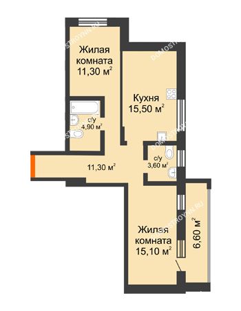 2 комнатная квартира 68,3 м² в ЖК Подкова на Цветочной, дом № 8
