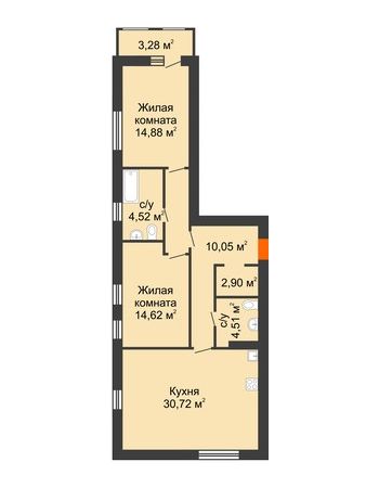 2 комнатная квартира 89,08 м² в ЖК Бунин, дом 2 этап секция 8-10