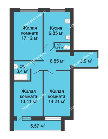 3 комнатная квартира 74,04 м² в ЖК Удачный, дом № 3