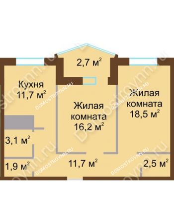 2 комнатная квартира 68,3 м² в ЖК Монолит, дом № 89, корп. 1, 2