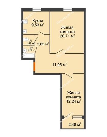 2 комнатная квартира 63,69 м² - ЖК Городская 182Б