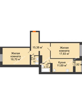 2 комнатная квартира 70,96 м² в ЖК Берег, дом 1 секция 