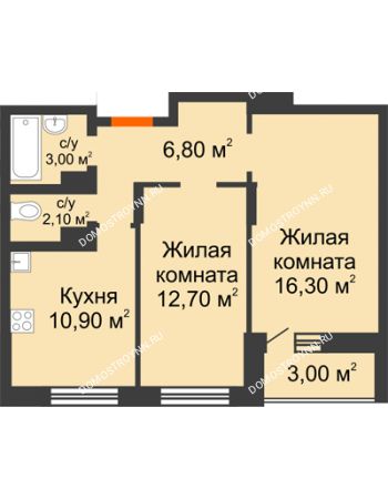 2 комнатная квартира 54,8 м² в ЖК Подкова на Цветочной, дом № 9