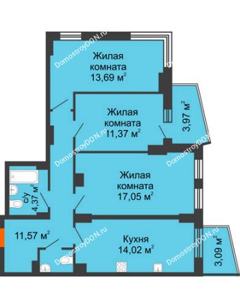 3 комнатная квартира 76,21 м² в ЖК Город у реки, дом Литер 8