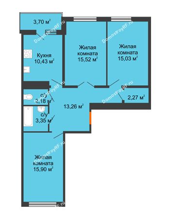 3 комнатная квартира 79,79 м² в ЖК Университетский парк, дом 2 очередь