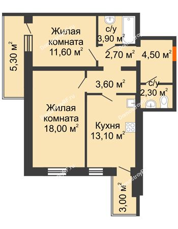 2 комнатная квартира 63,9 м² в ЖК Шестое чувство, дом 2 очередь 2 позиция