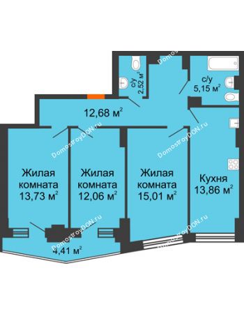3 комнатная квартира 76,56 м² в ЖК Рубин, дом Литер 3