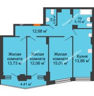 3 комнатная квартира 76,56 м² в ЖК Рубин, дом Литер 3 - планировка