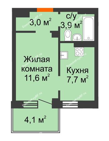 1 комнатная квартира 27,4 м² в ЖК Тихие зори, дом № 4, блок-секция 1,2,3,4