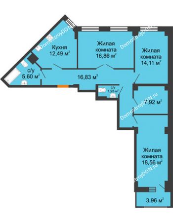 3 комнатная квартира 96,28 м² в ЖК Кристалл, дом Литер 1
