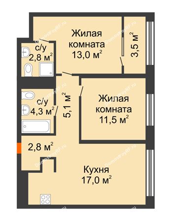 2 комнатная квартира 58,2 м² в Квартал Новин, дом 6 очередь ГП-6