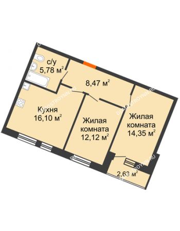 2 комнатная квартира 59,45 м² в ЖК Книги, дом № 1