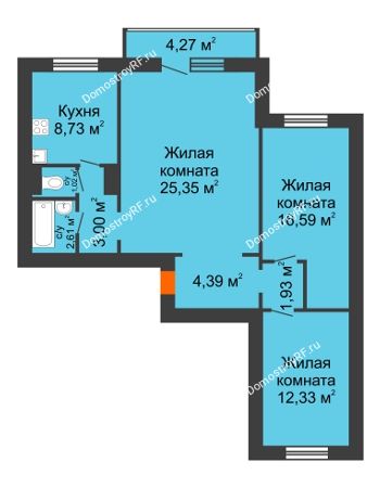3 комнатная квартира 75,08 м² в ЖК Иннoкeнтьeвcкий, дом № 7а