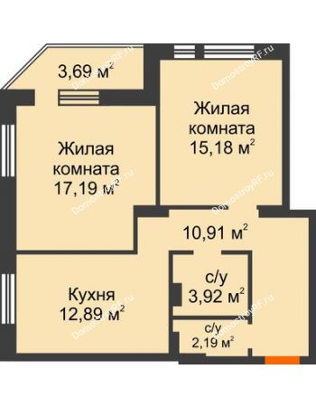 2 комнатная квартира 65,97 м² в ЖК Континент, дом № 16